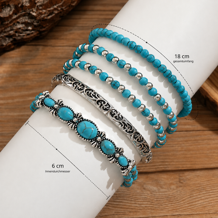 Bracelets laid over a white roll on wood, with arrows marking a total circumference and an inner diameter for sizing. 4