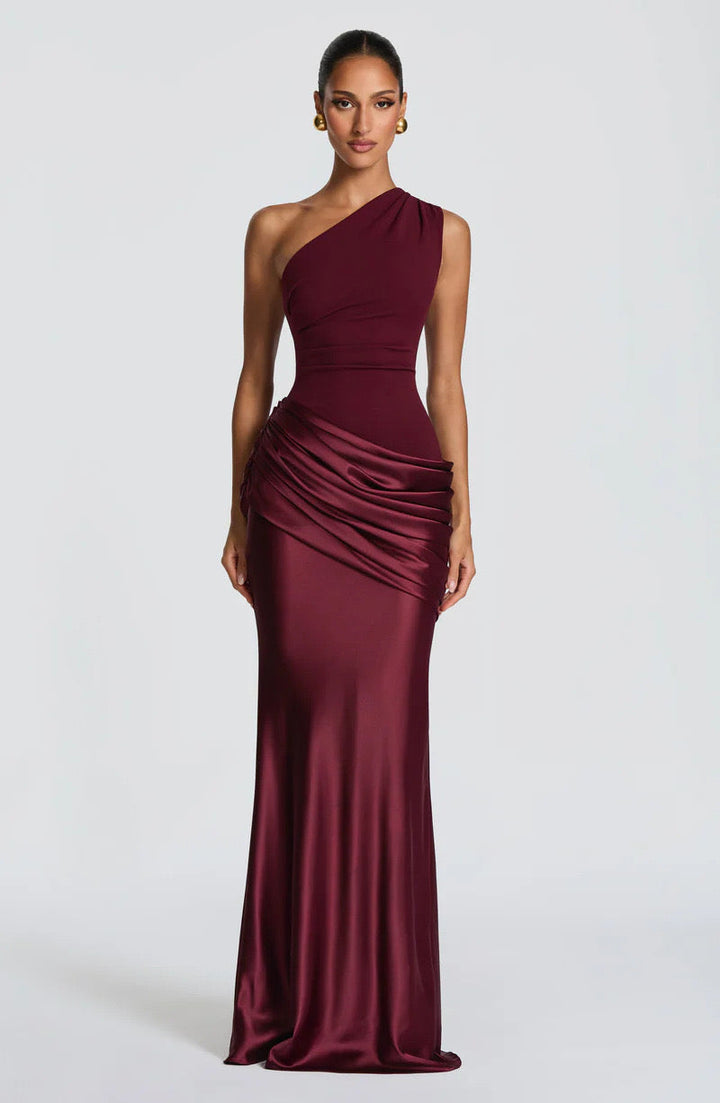 Sidonie One-Shoulder Draped Satin Maxi Dress in burgundy, front view with ruched hip drape.