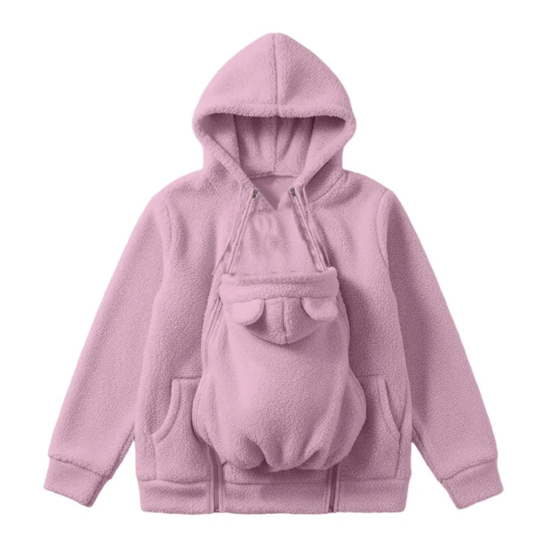 Pink fleece zip hoodie with the bear-eared front baby pouch unzipped and laid out.