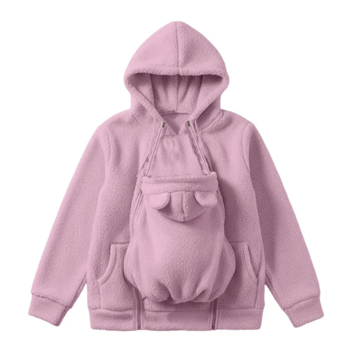 Pink fleece zip hoodie with the bear-eared front baby pouch unzipped and laid out.