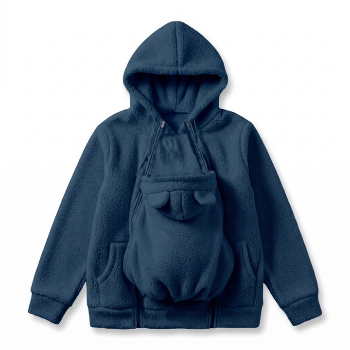 Navy blue fleece hoodie with the bear-eared baby pouch panel unzipped on the front.