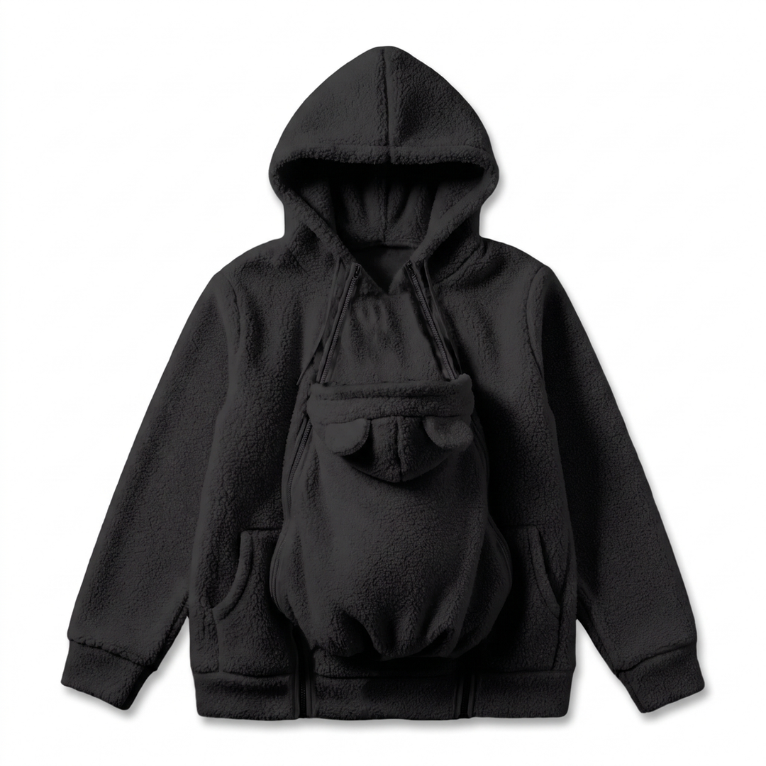 Black fleece hoodie with the removable bear-eared baby pouch panel shown on the front.