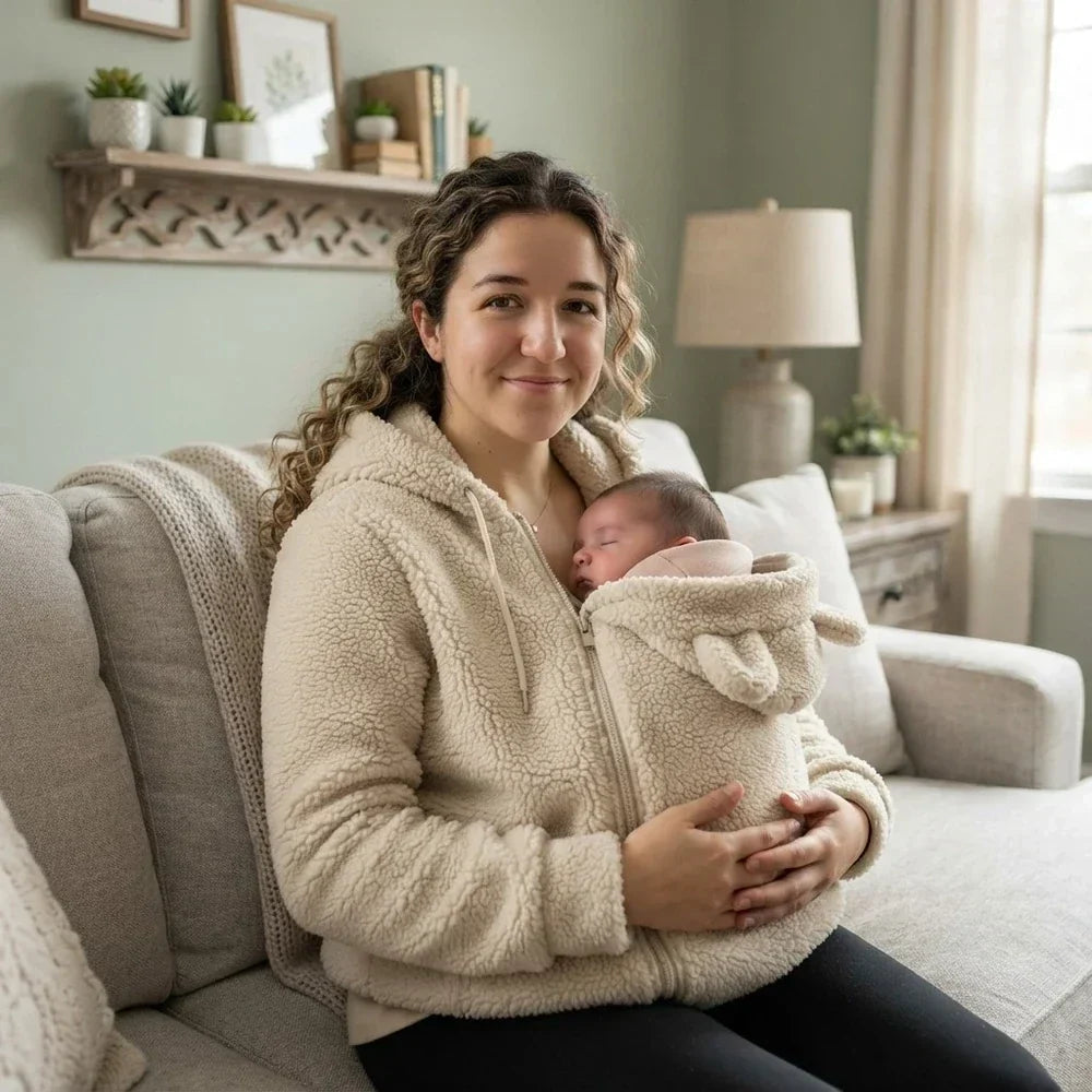Woman in a cream sherpa hoodie sits on a sofa with a sleeping newborn zipped into the carrier panel.