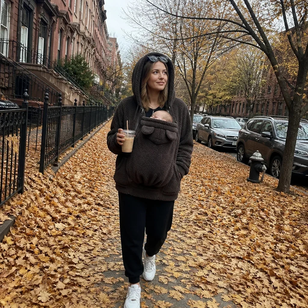 Woman in a dark brown fleece hoodie with the bear-eared panel carrying a baby on a city sidewalk.
