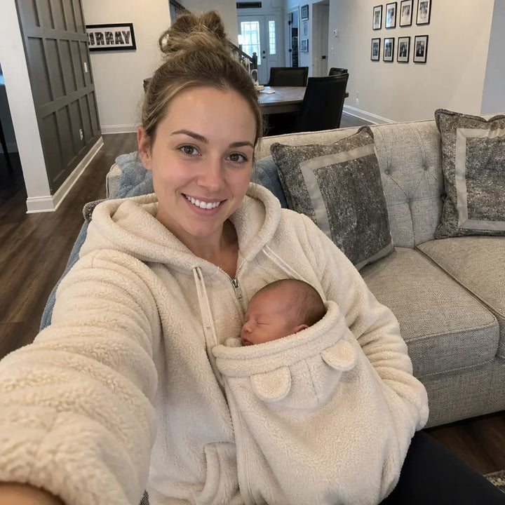 Woman on a living room sofa in a cream fleece hoodie with a sleeping newborn in the front panel.