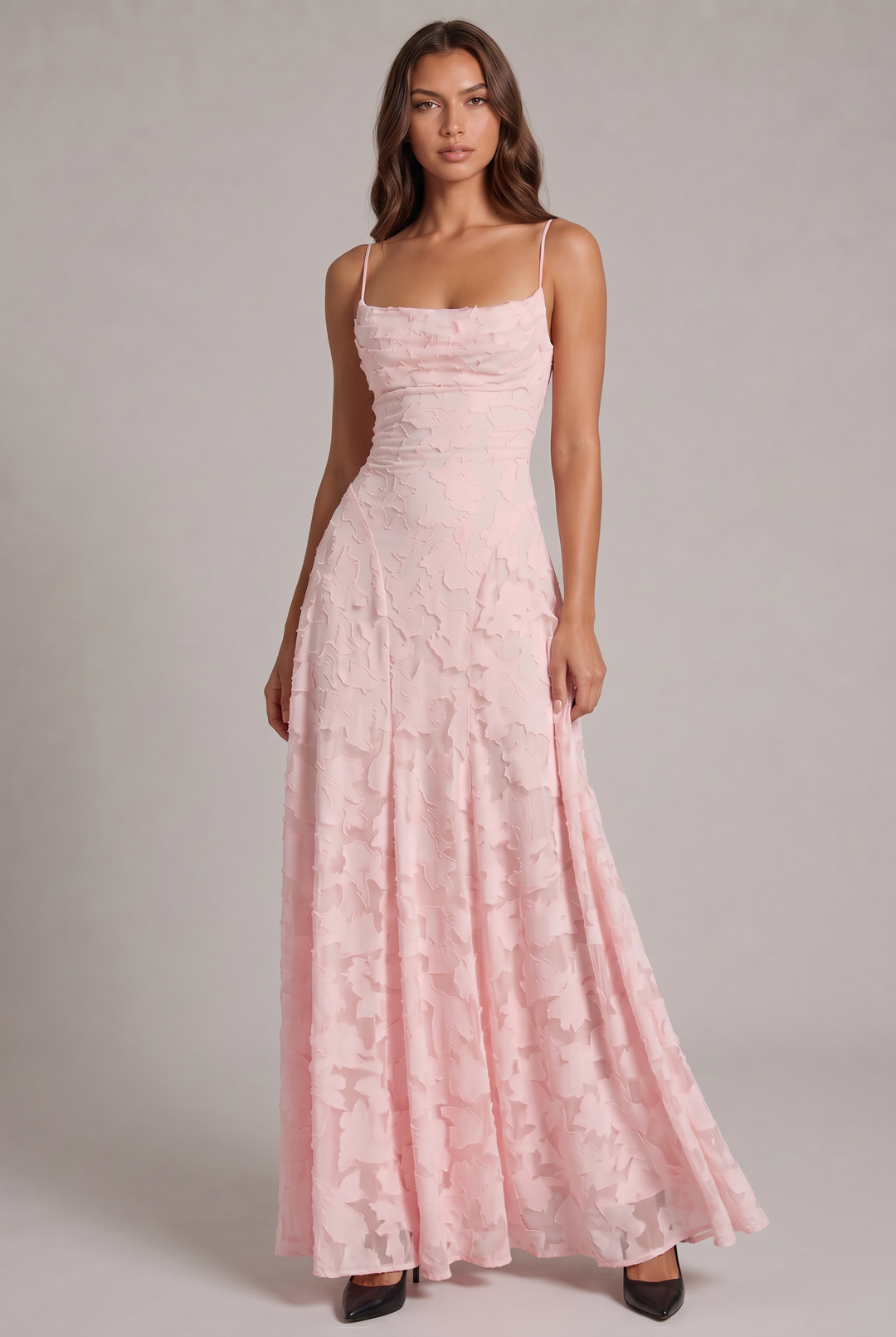 Olivia Maxi Dress in light pink, front view with floral texture