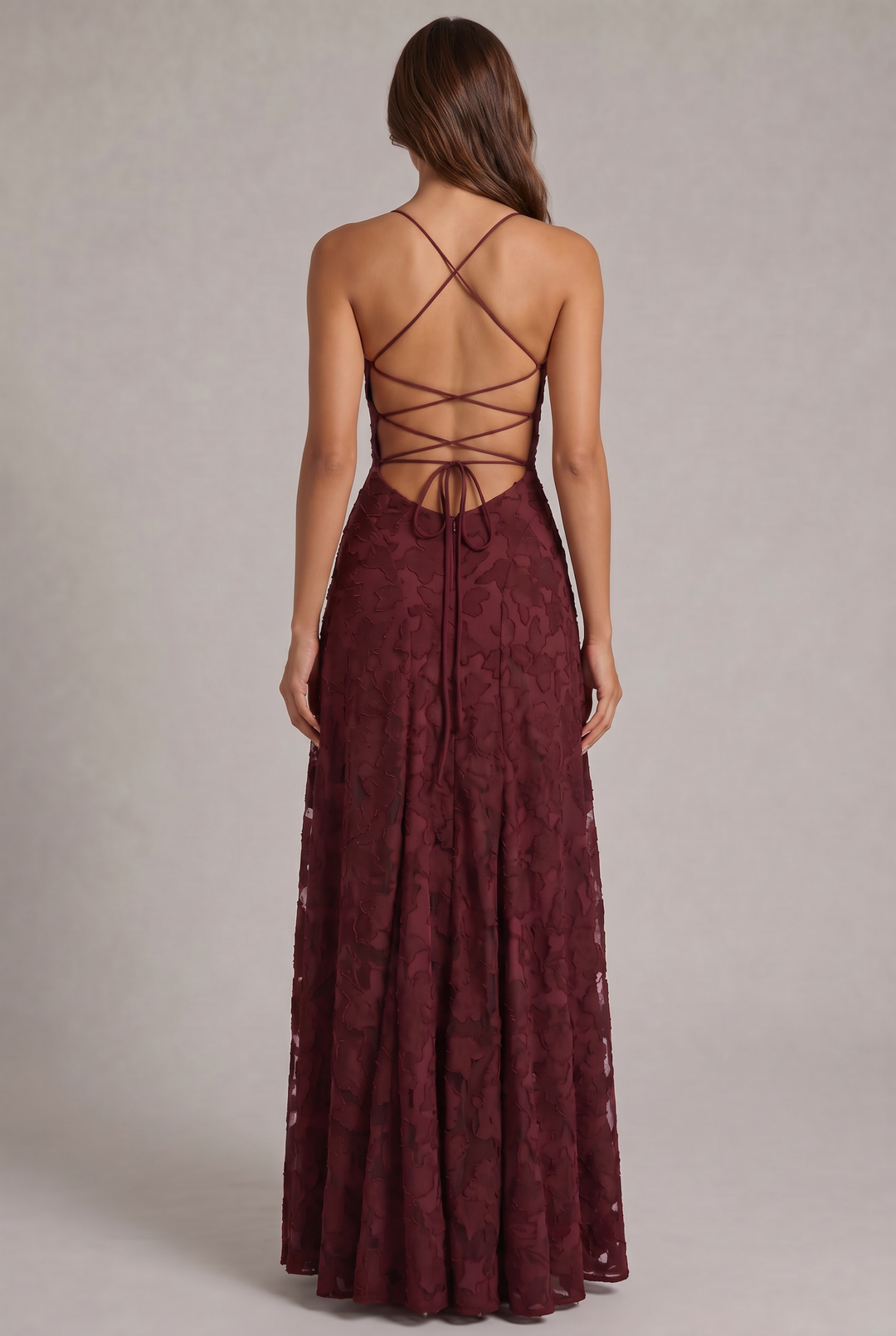 Olivia Maxi Dress detail of the burgundy back with criss-cross lace-up straps