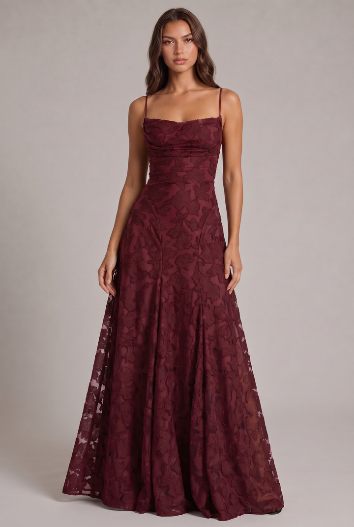 Olivia Maxi Dress in burgundy with floral texture, front view