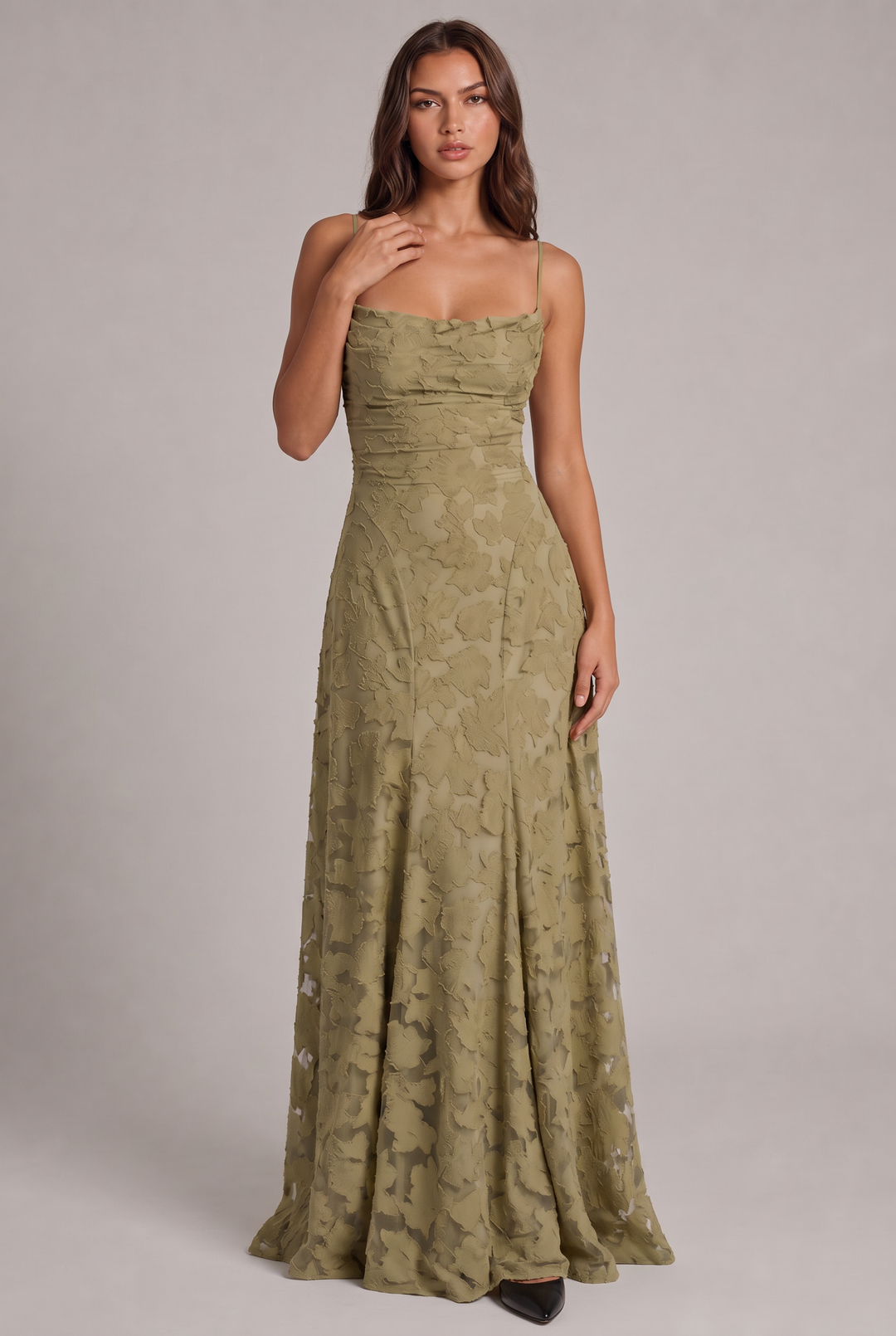 Olivia Maxi Dress in olive green, front view with cowl neckline and thin straps