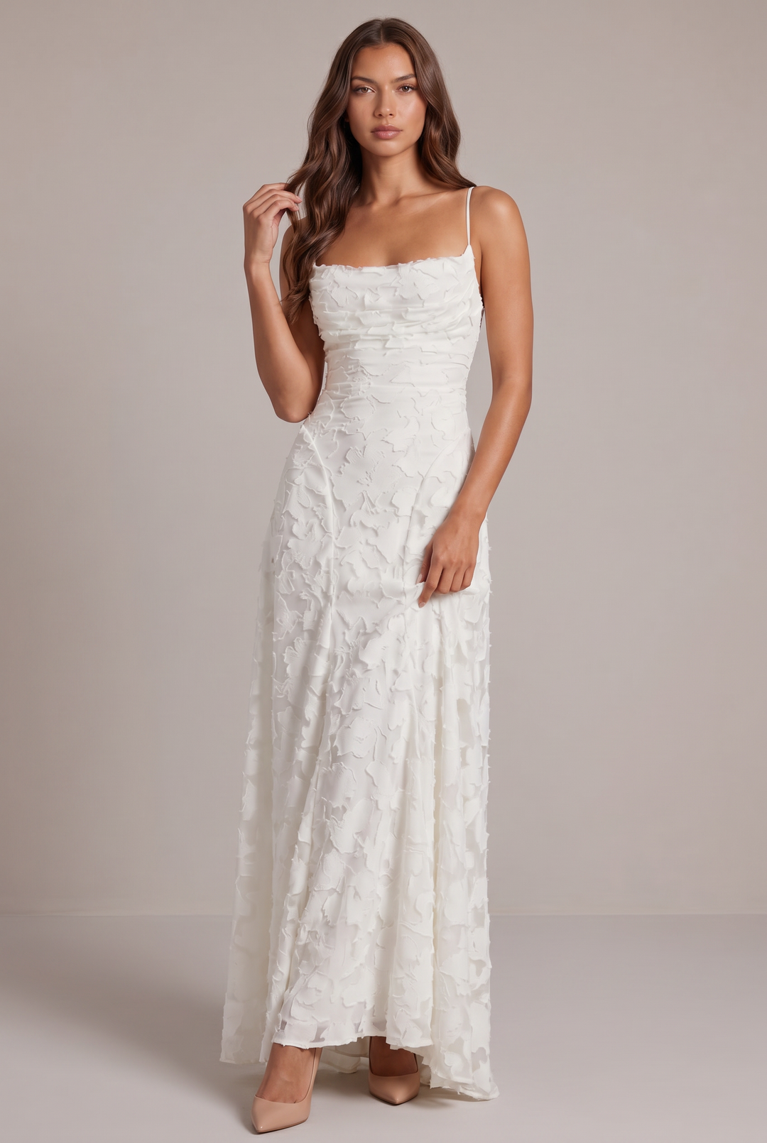 Olivia Maxi Dress in white, front view with cowl neckline and spaghetti straps