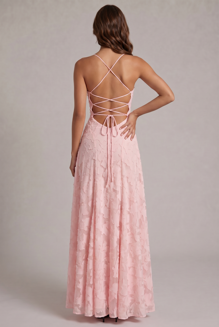 Olivia Maxi Dress detail of the pink back with criss-cross lace-up straps