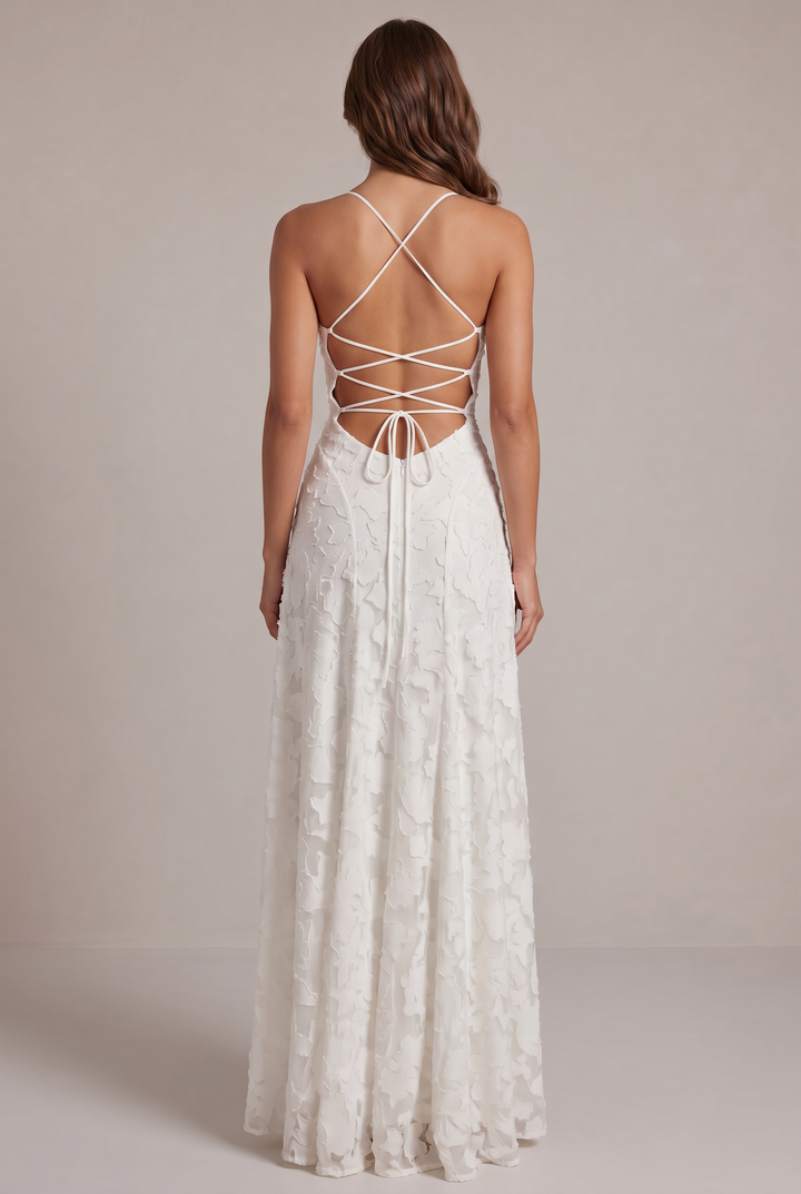 Olivia Maxi Dress detail of the white back with crossed lace-up straps