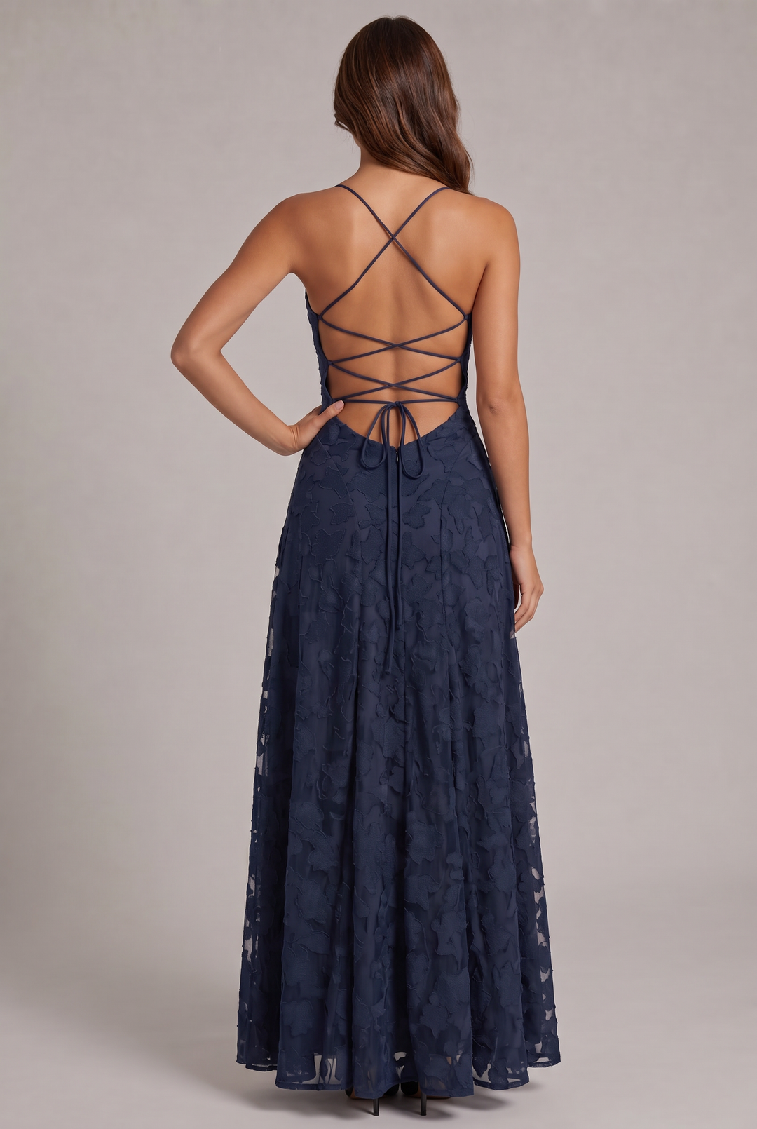 Olivia Maxi Dress detail of the navy back with crossed lace-up straps