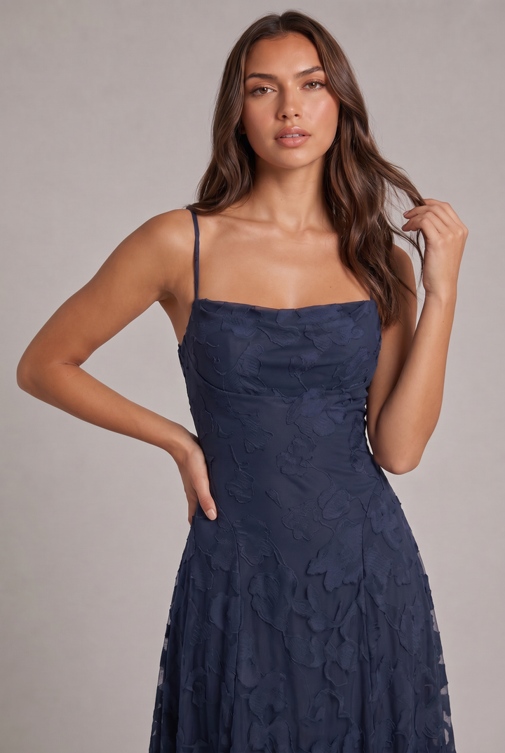 Olivia Maxi Dress detail of the navy bodice and floral texture