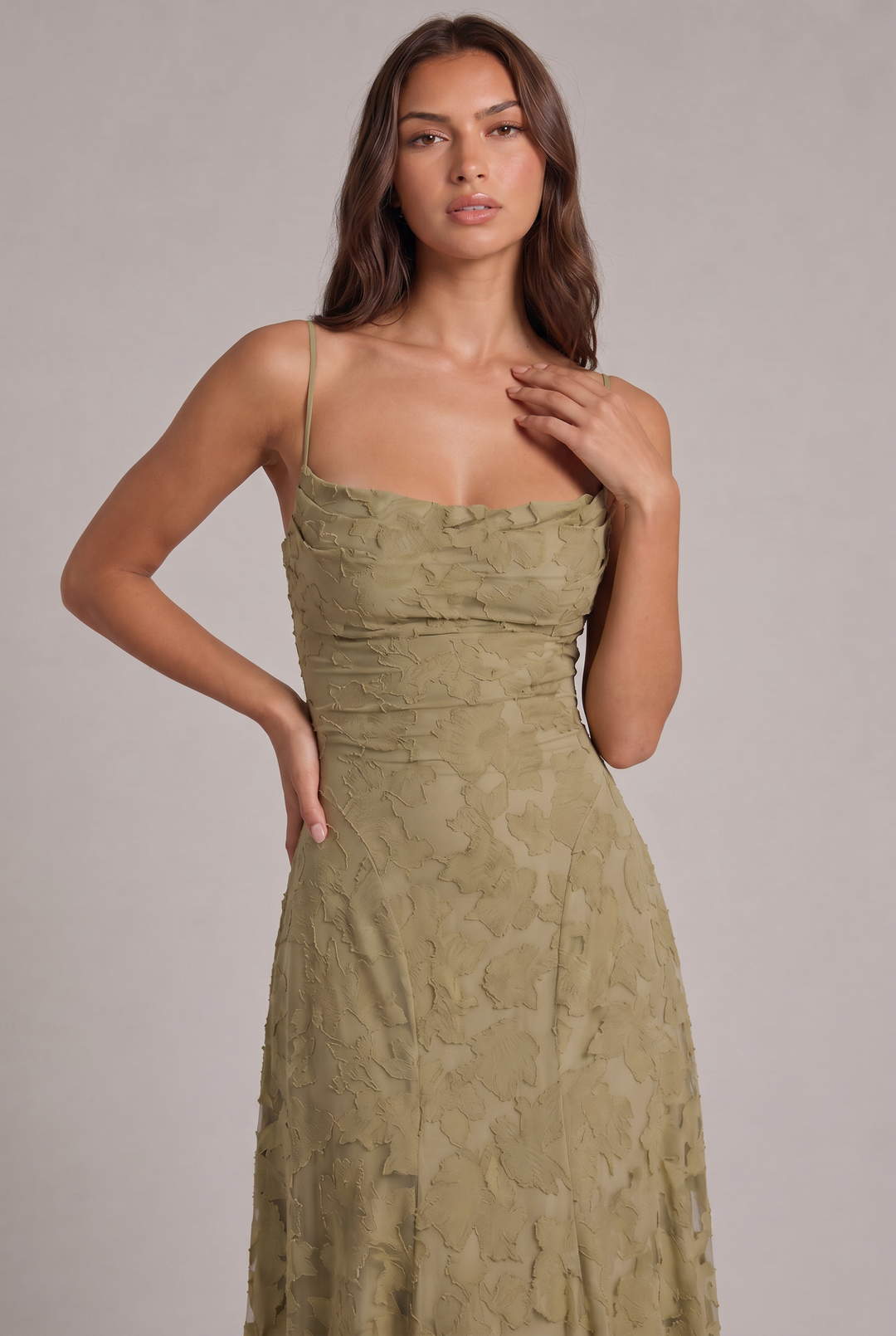 Olivia Maxi Dress detail of the olive green draped bodice and floral-textured fabric