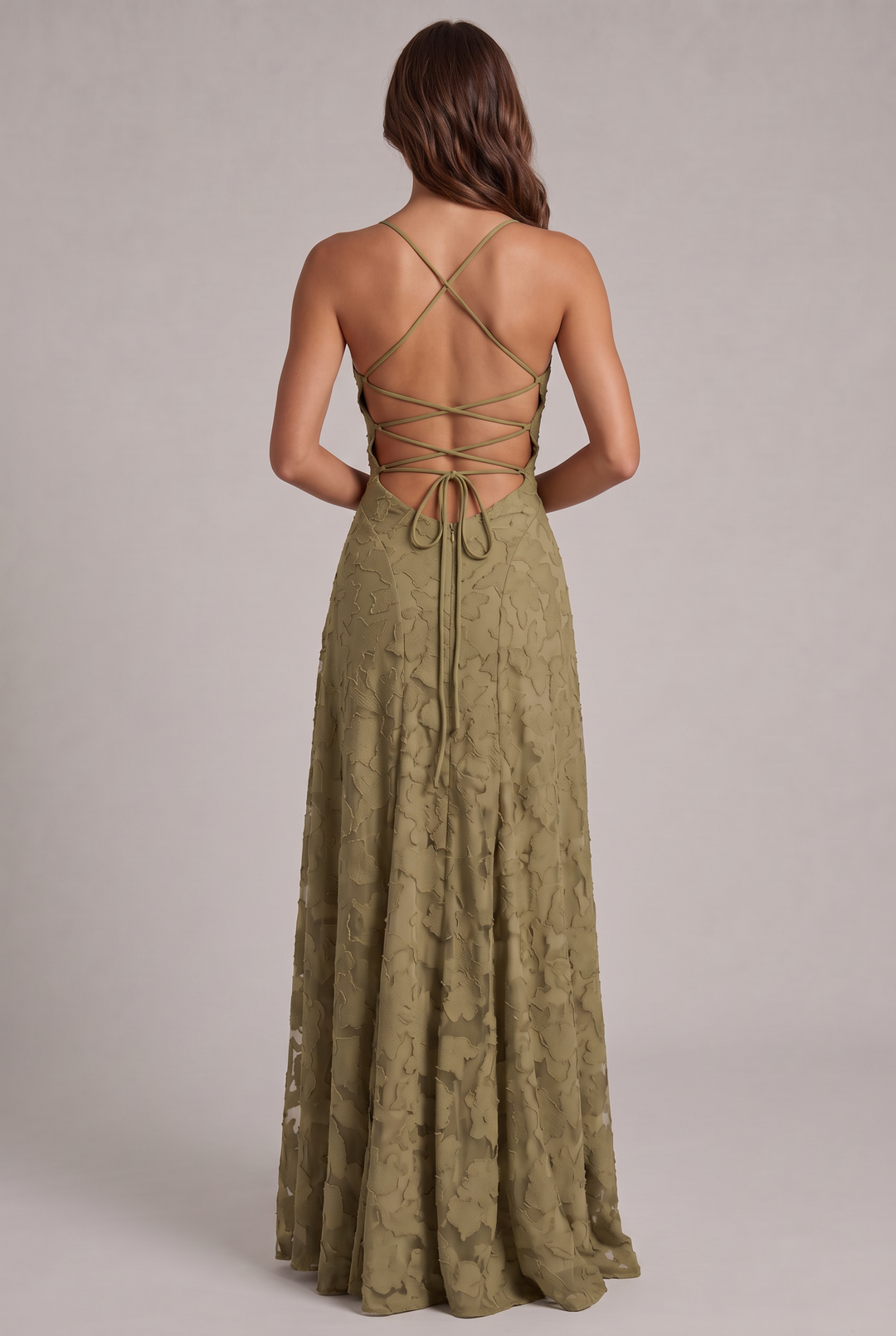 Olivia Maxi Dress detail of the olive green back with criss-cross lace-up straps