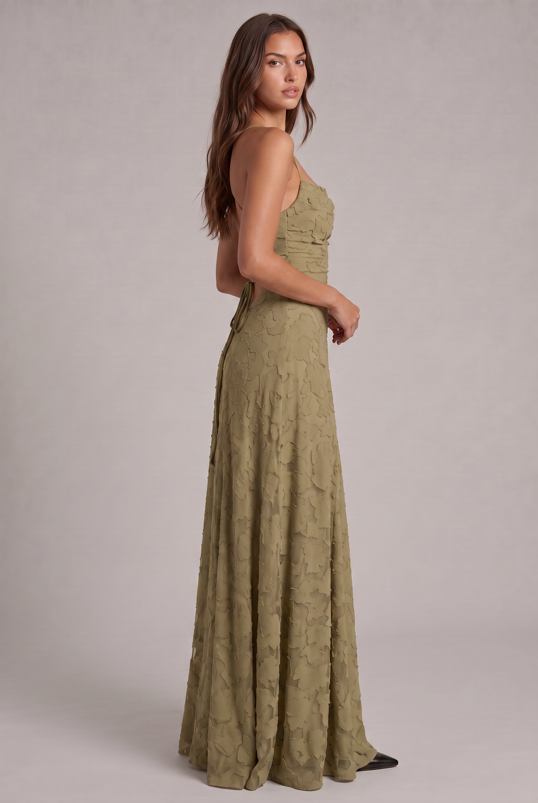 Olivia Maxi Dress in olive green, side view with open lace-up back