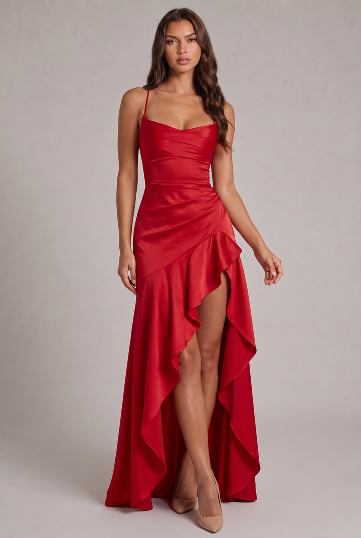 Front view of the red satin maxi dress with ruched waist, ruffled slit skirt and nude pumps 13
