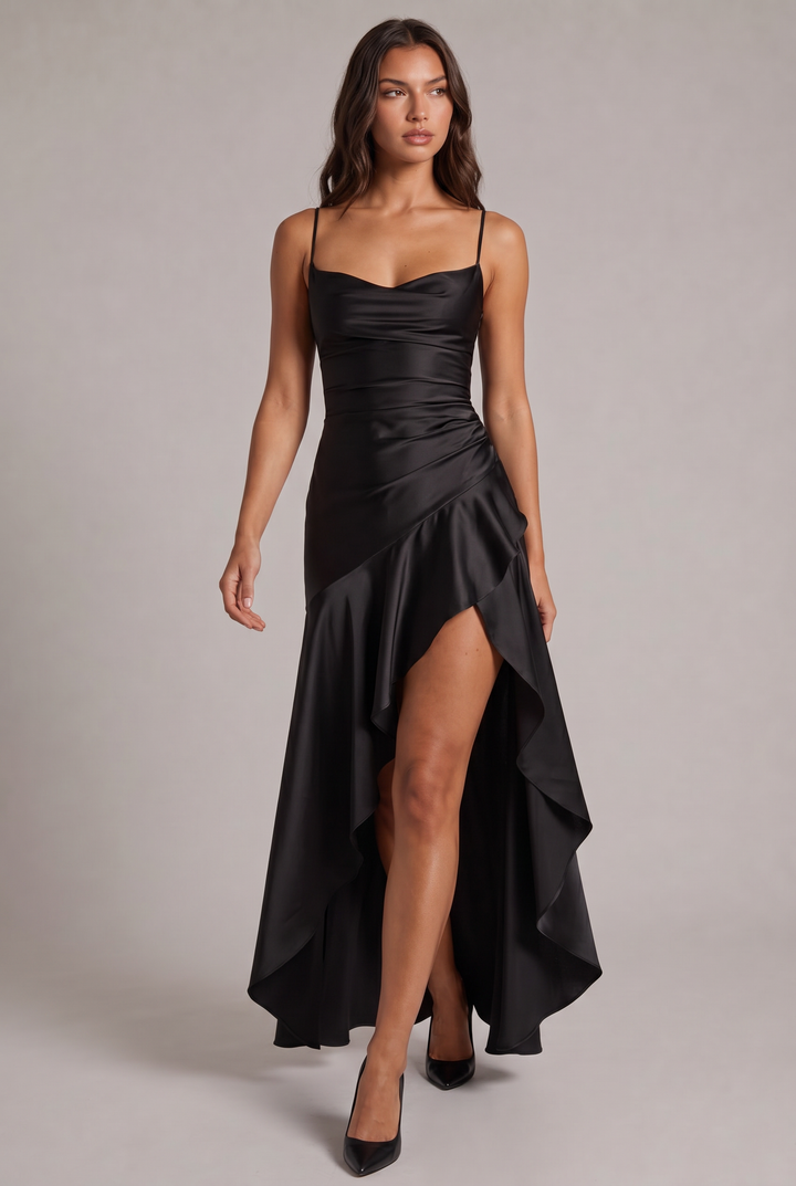 Model walking in the black satin maxi dress, front view, with ruched waist and ruffled high slit 9
