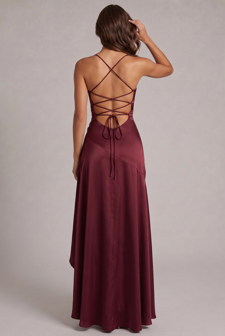 Back view of the burgundy satin dress with crisscross lace-up open back, tie bow and center zipper 4