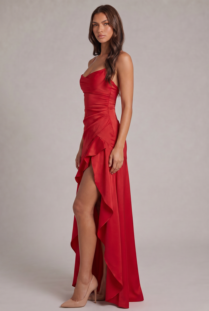 Side view of the red satin dress showing cowl neckline, ruched side waist and flowing ruffle with slit 15