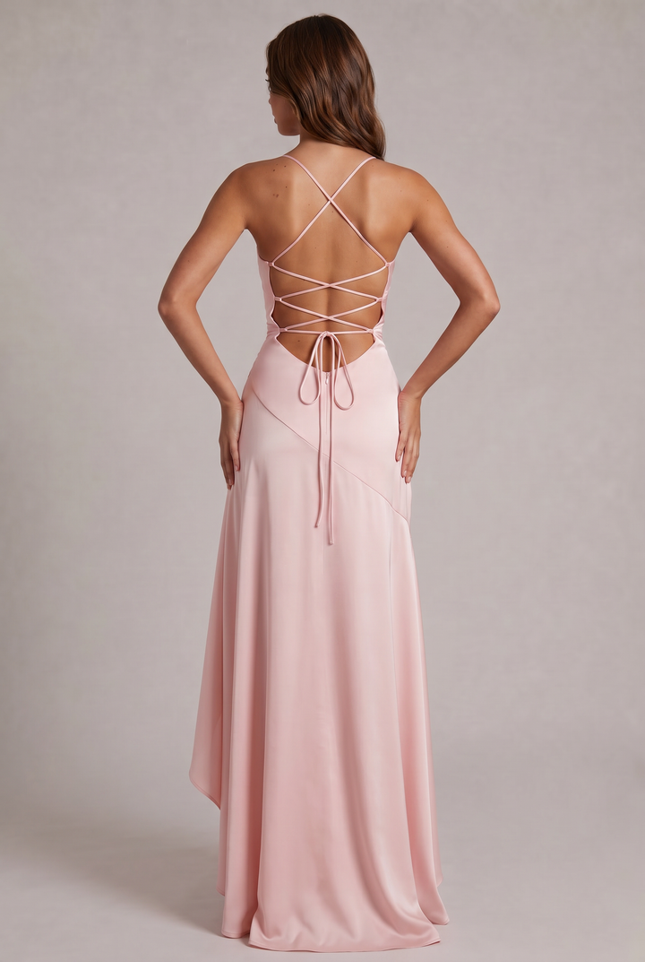 Back view of the light pink satin dress with crisscross lace-up open back, tie bow and center zipper 20