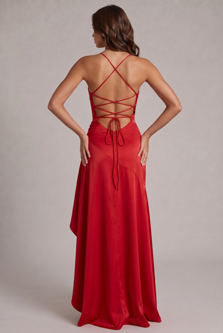 Back view of the red satin dress with crisscross lace-up open back, tie bow and zipper, hands on hips 16
