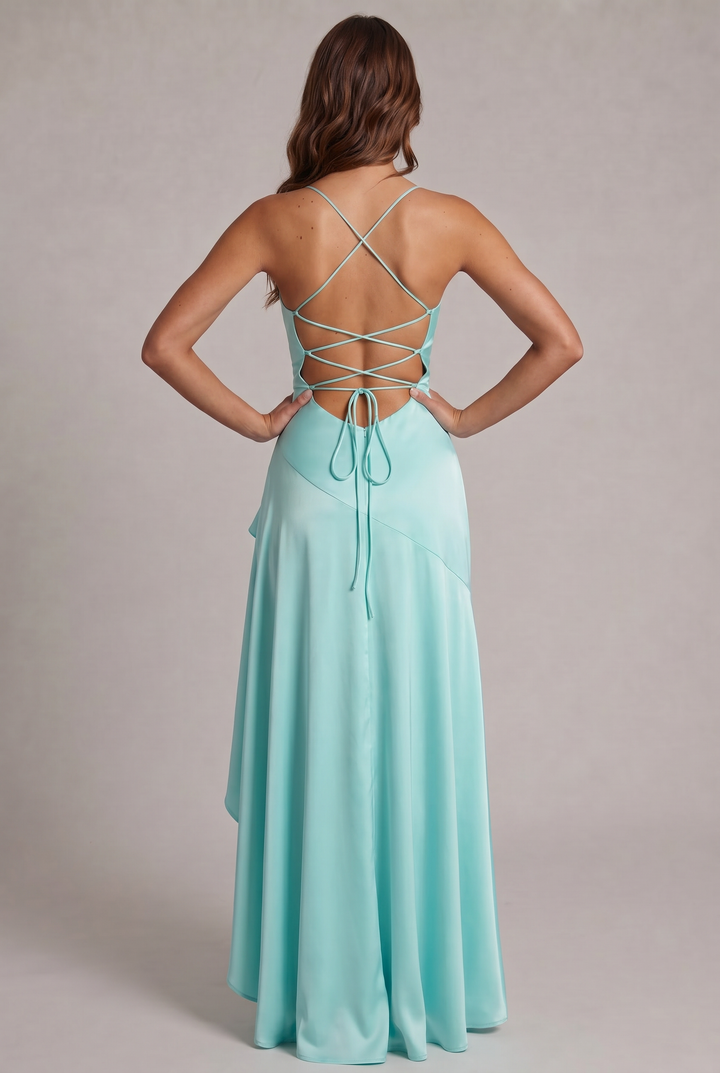 Back view of aqua dress with criss-cross lace-up open back and long tie ends 24