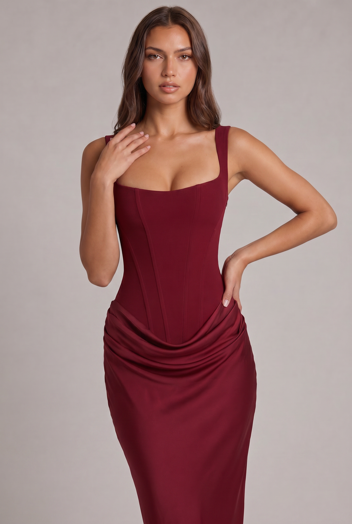 Detail of the burgundy dress bodice with one hand on the shoulder and one on the hip, showing seams and drape.
