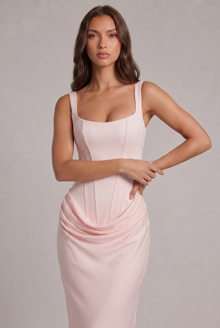 Close-up of the light pink gown on a model, showing the wide straps, square neckline, seamed corset bodice and draped waistline. 26