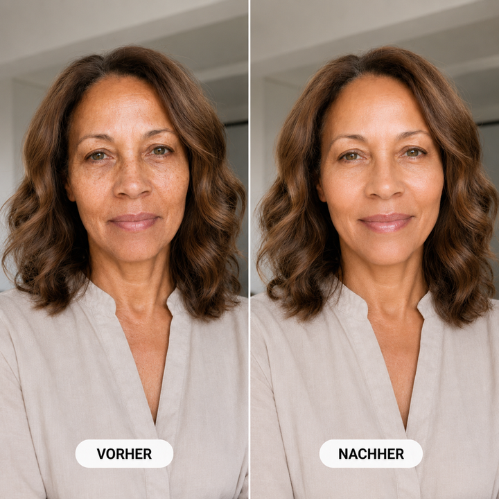 Color-Adjusting 2-in-1 Foundation before-and-after of a woman with wavy brown hair and a more even skin tone.