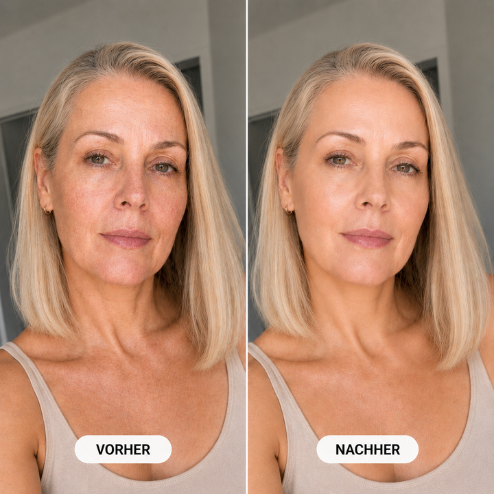 Color-Adjusting 2-in-1 Foundation before-and-after of a woman with a blonde bob and softened freckles and uneven tone.