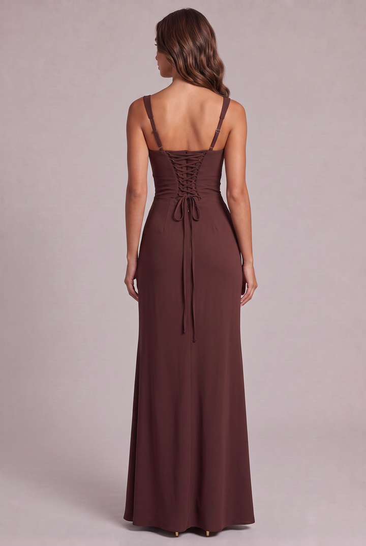 Back view of the brown dress on a model, showing the lace-up corset back and adjustable straps. 8