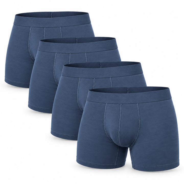 Four steel-blue boxer briefs fanned out in a staggered stack, showing waistbands and front stitched seams. 10