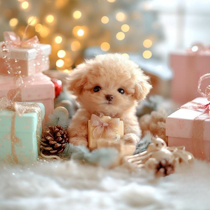 another view of a peach plush puppy sitting among pastel gift boxes and a fluffy white rug.