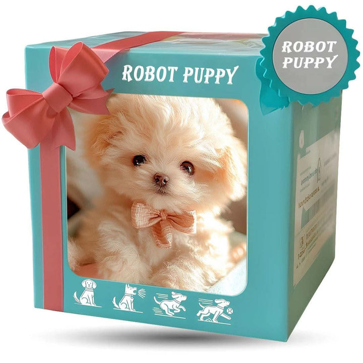 Teal gift-style packaging box with a coral ribbon and a window showing the cream puppy wearing a peach bow.