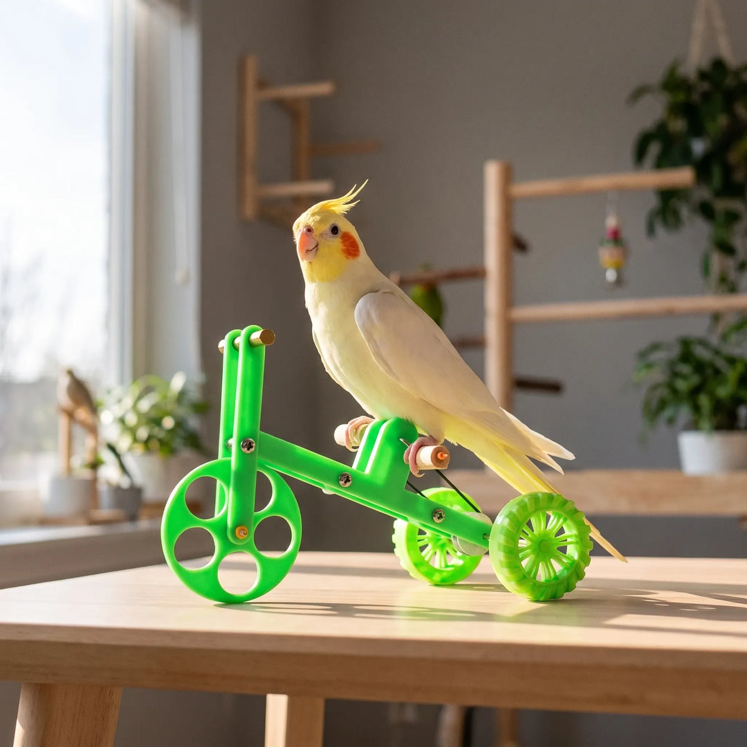 Yellow-faced cockatiel with orange cheek patches perched on the green tricycle toy on a wooden table in a bright room. 2
