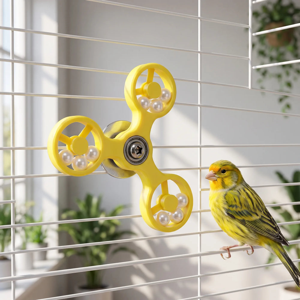 Yellow spinner attached to a white cage with a yellow canary perched on a wire beside it in a bright room. 2