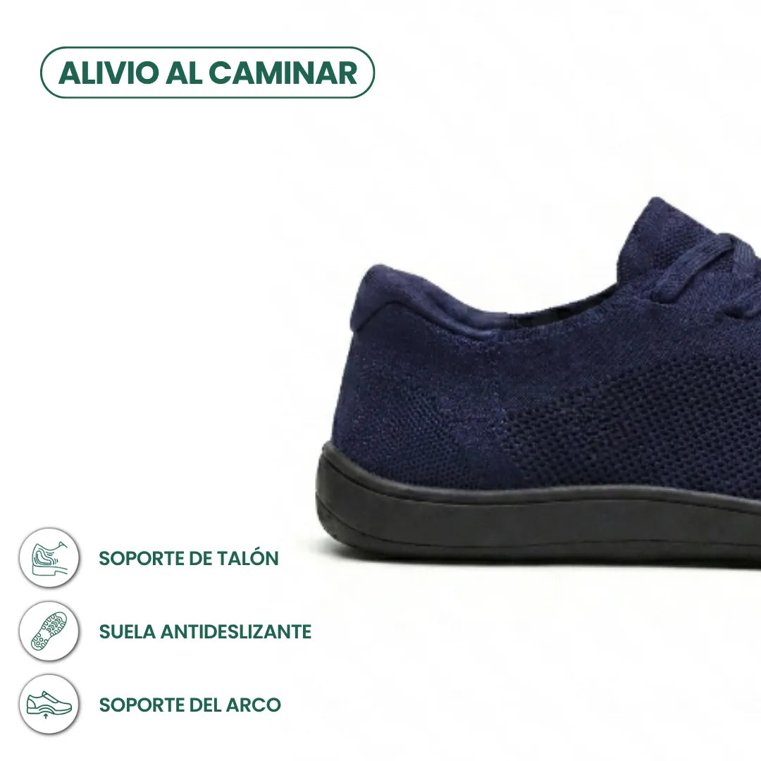 Close-up of the heel of a navy knit sneaker with a black sole, with icons about heel support, grip and arch support. 22