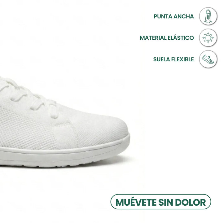 Close-up of the rounded, wide toe of a white mesh sneaker with laces and a thin flat sole, shown with feature icons. 41