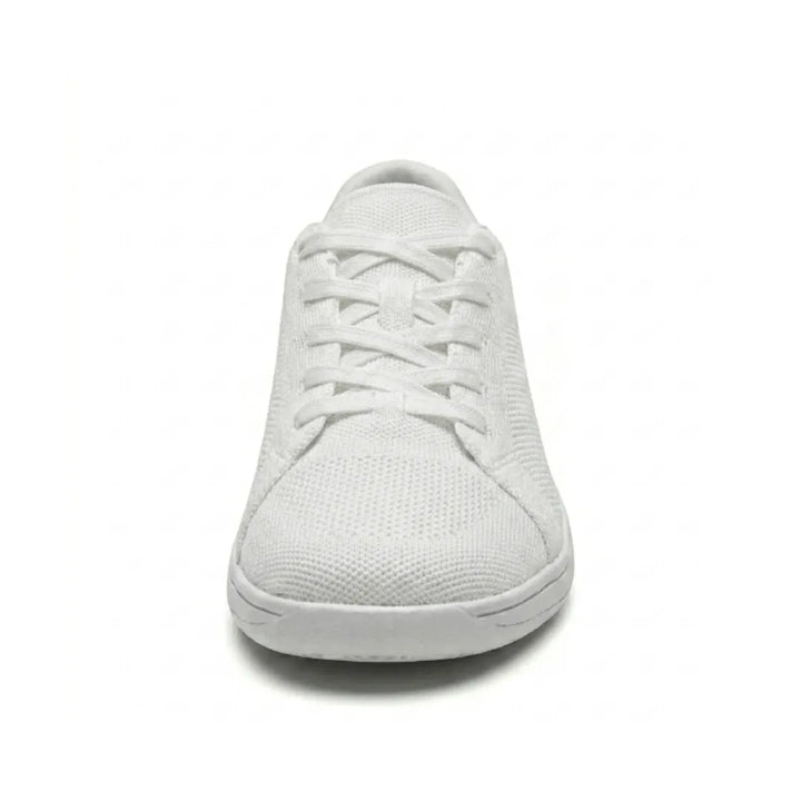 Front view of a white knit mesh sneaker showing the wide rounded toe, crisscross laces and flat white sole. 44