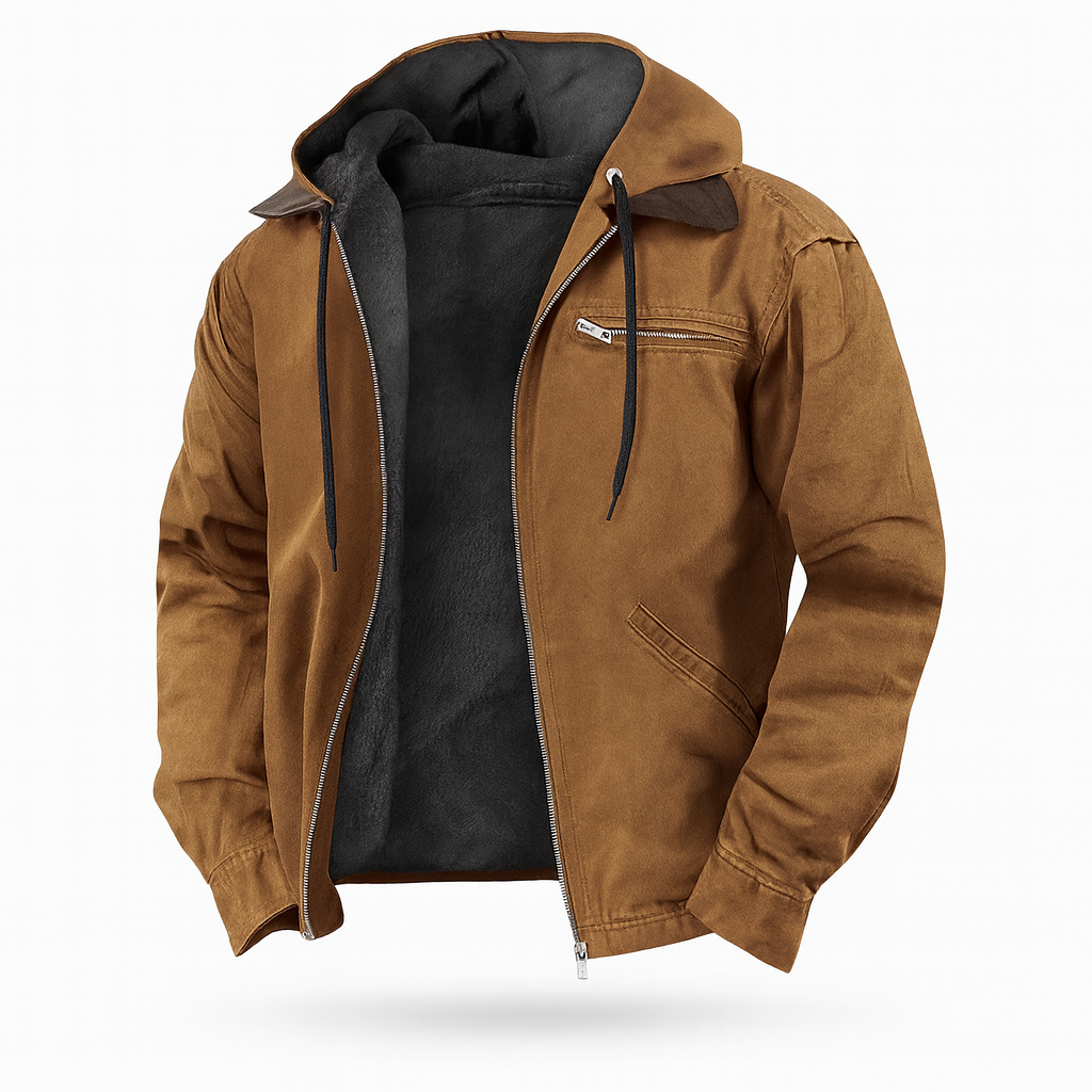 Men's brown hooded jacket with black fleece lining, zipper open, drawstrings and chest zip pocket.