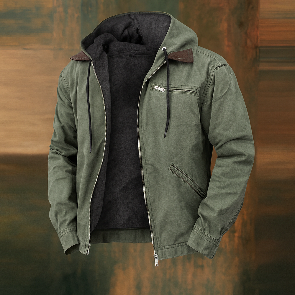 Men's green hooded jacket with dark fleece lining, open at the front.