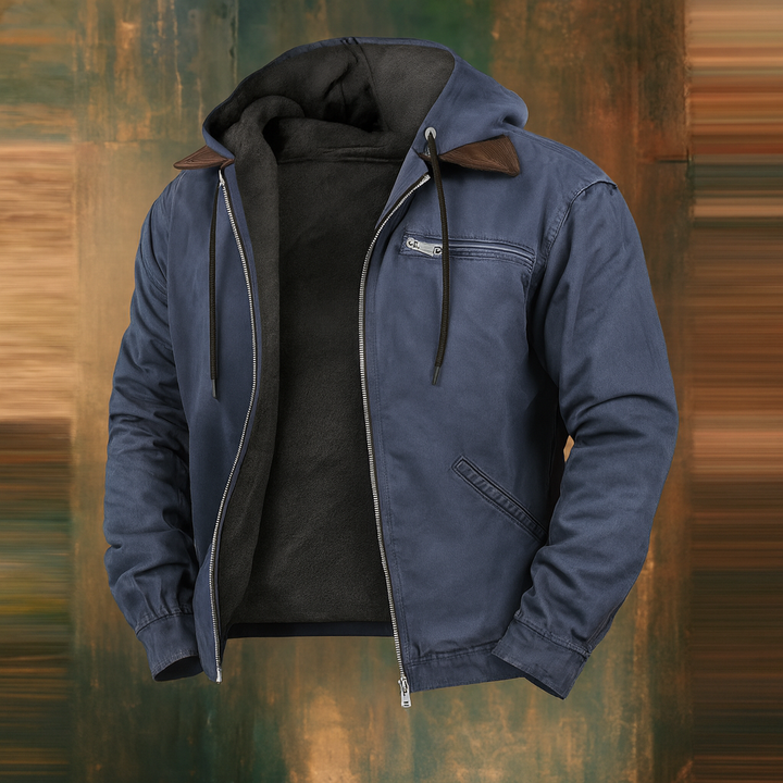 Men's navy blue hooded jacket with fleece lining, open at the front.