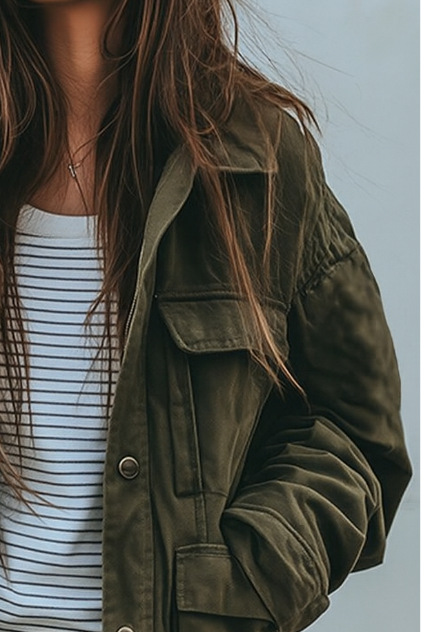Women's green utility jacket detail showing the collar, chest flap pocket, snap button and gathered shoulder seam.