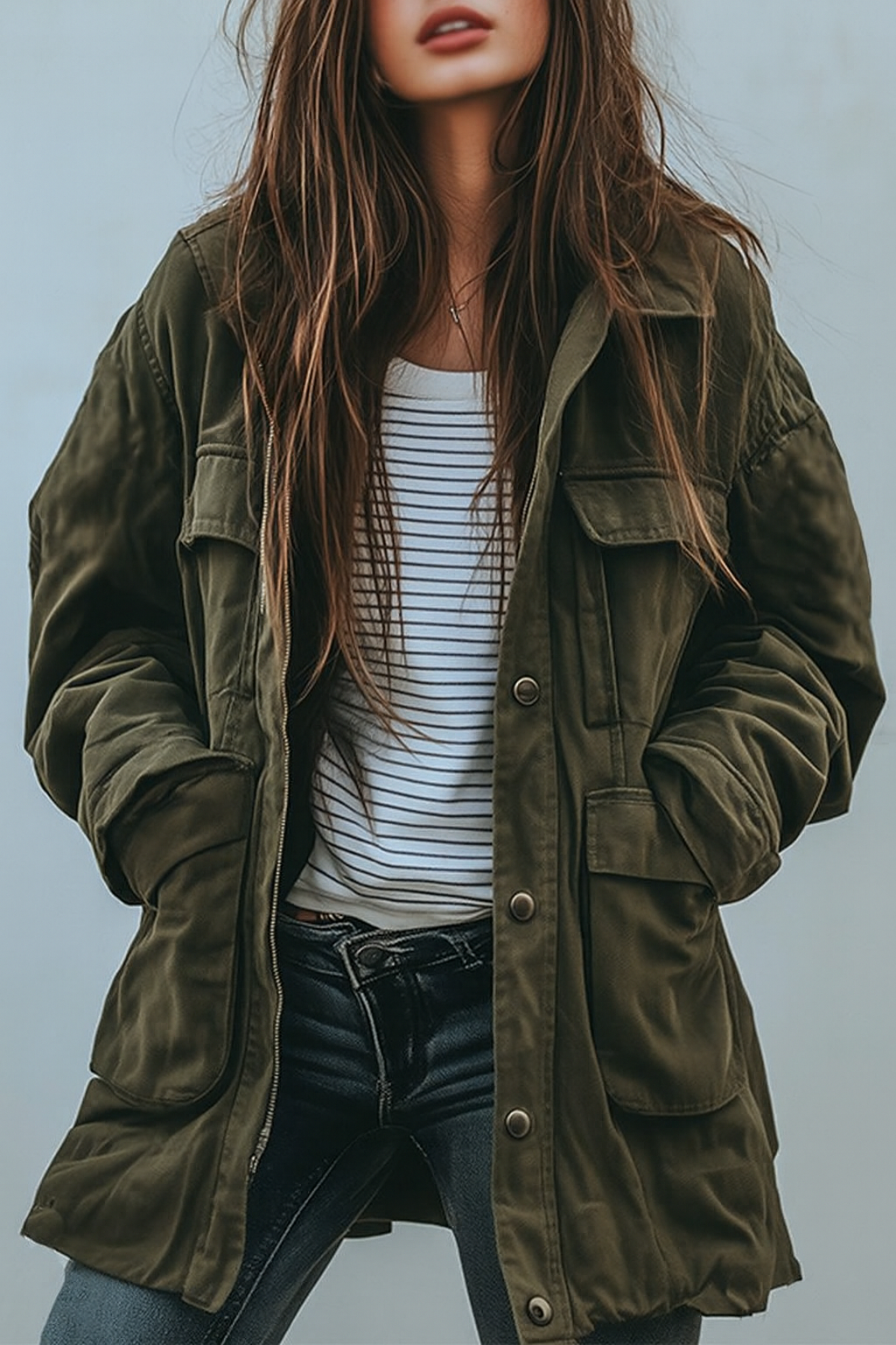 Women's green utility jacket with a relaxed fit, worn open over a striped tee and dark jeans.