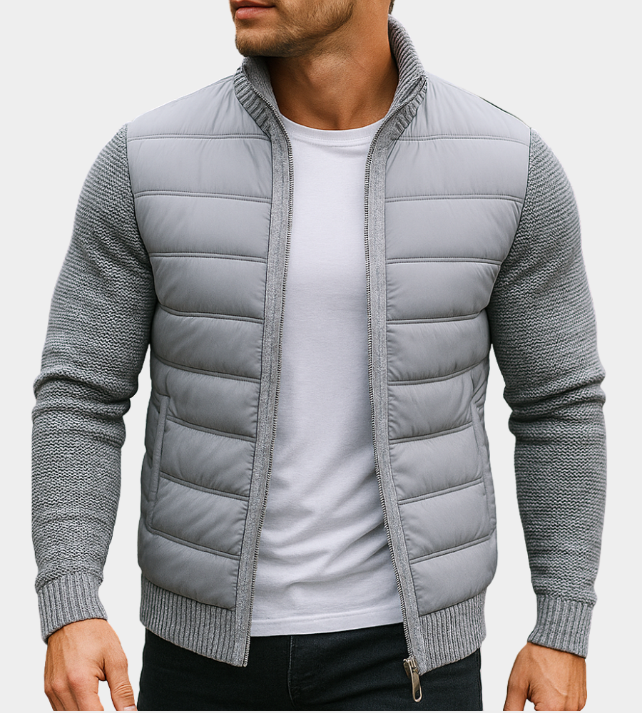 Light gray version of the quilted jacket worn open over a white tee, showing textured knit sleeves and ribbed cuffs. 2