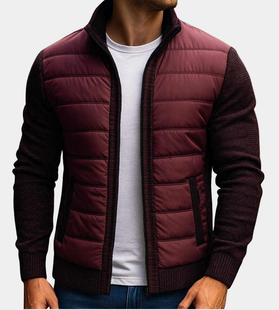 Burgundy quilted jacket with dark knit sleeves and side zip pockets, worn open over a white tee and blue jeans. 3