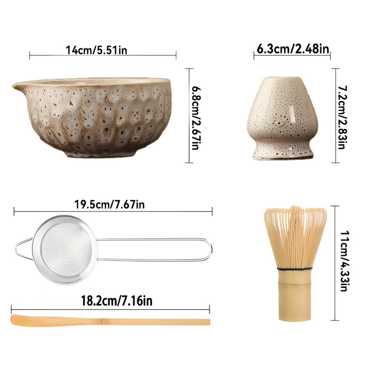 Dimension diagram of the cream-glazed matcha set showing the bowl, whisk holder, sifter, bamboo scoop and whisk with measurements.