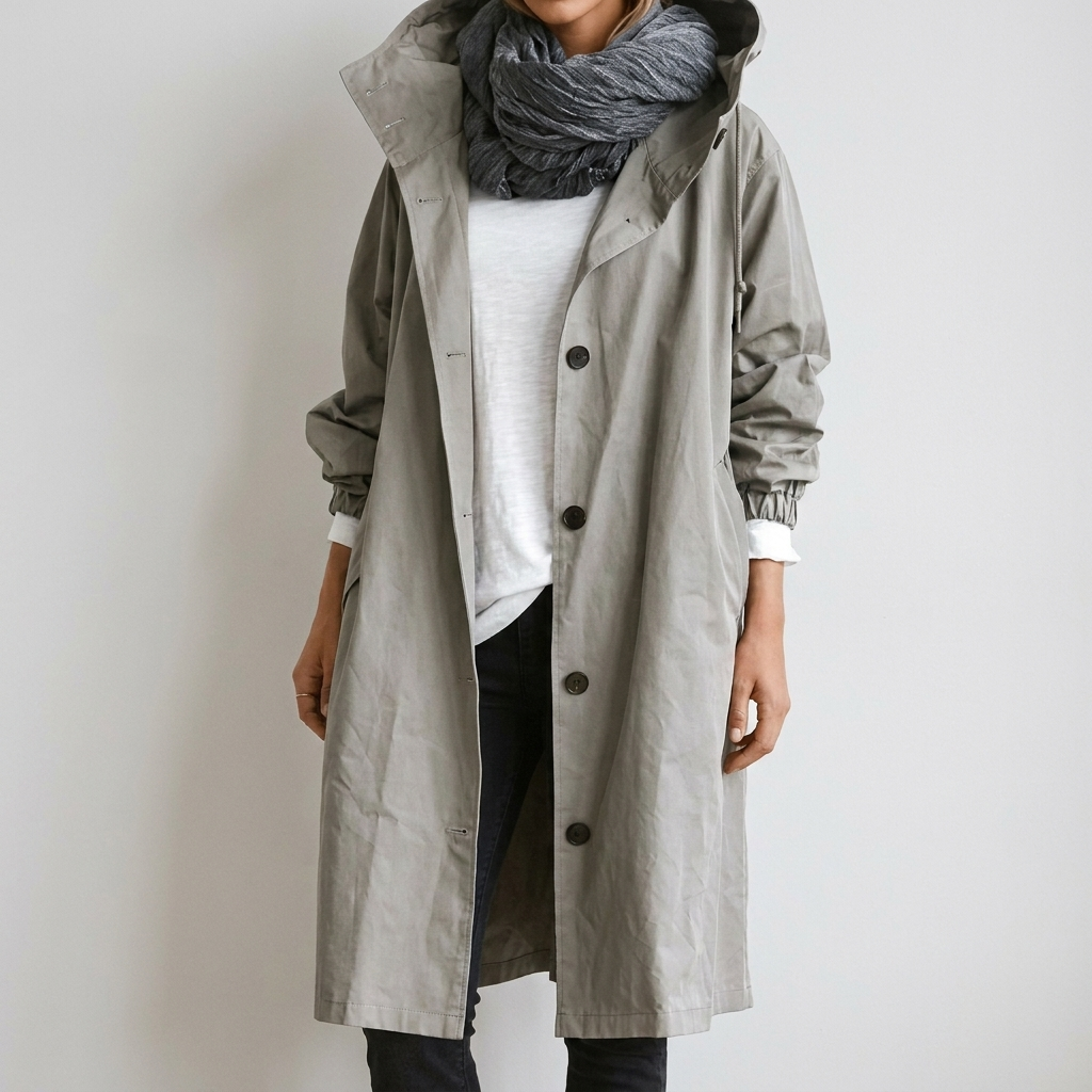 Women's Raincoat in light gray-green with hood and button front, worn open over a white tee and dark jeans.